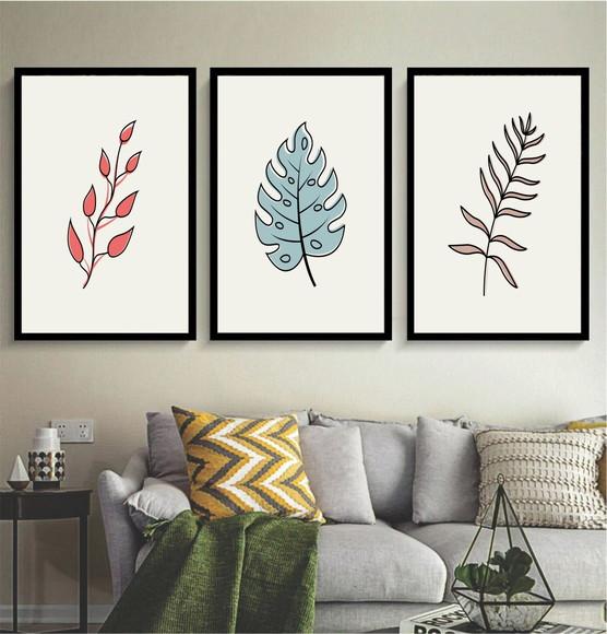 Kit 3 Quadros Folhagem Desenho Tropical Decoração Moldura