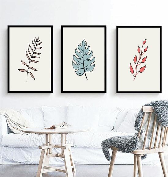 Kit 3 Quadros Folhagem Desenho Tropical Decoração Moldura