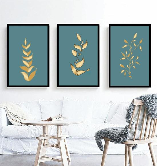 Kit 3 Quadros Folhagem Dourada Azul Decoração Com Moldura