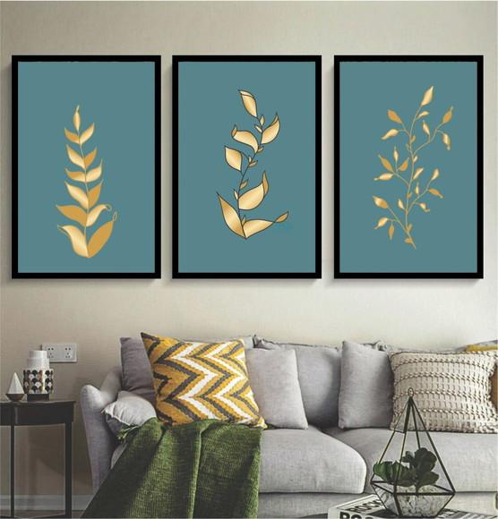 Kit 3 Quadros Folhagem Dourada Azul Decoração Com Moldura