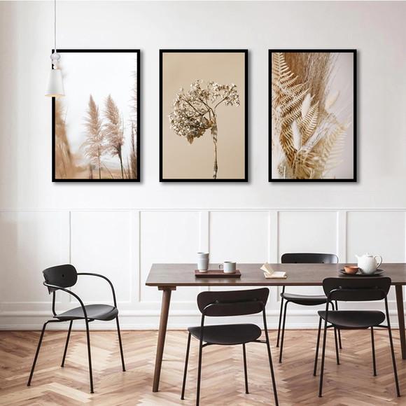 Kit 3 Quadros Folhagem Dourada Botânico Decoração Molduras