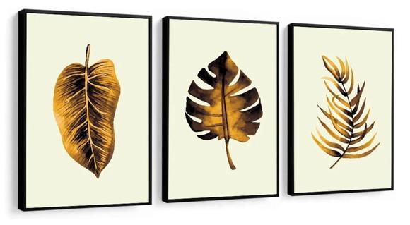 Kit 3 Quadros Folhagem Dourada Botânico Decoração Molduras
