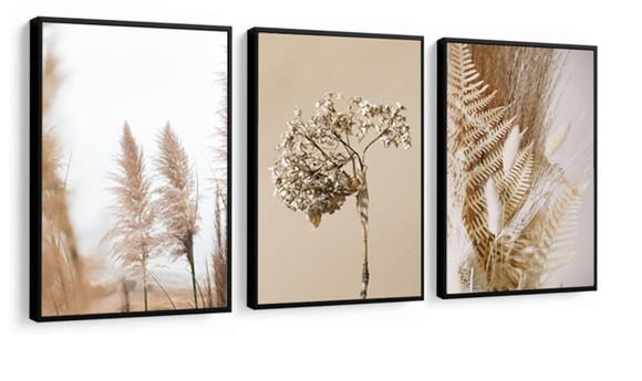 Kit 3 Quadros Folhagem Dourada Botânico Decoração Molduras