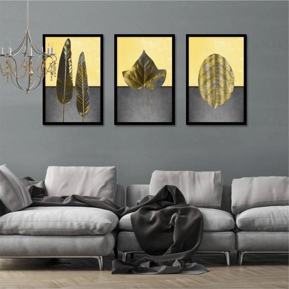 Kit 3 Quadros Folhagem Dourada Decoração Casa Sala Molduras