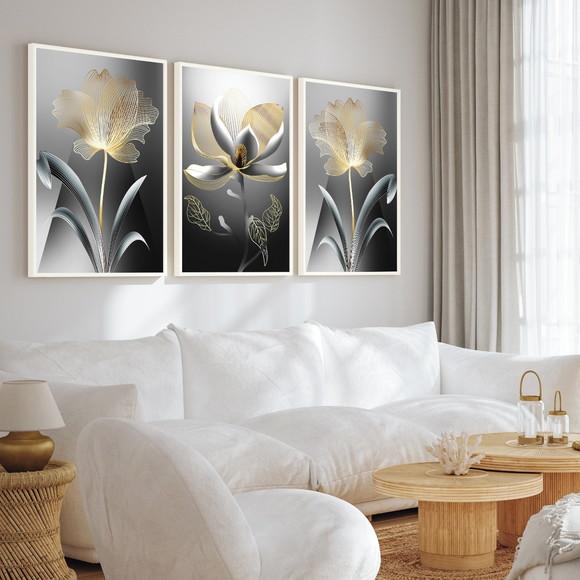 Kit 3 Quadros Folhagem Dourada Decoração Ouro Gold Moldura