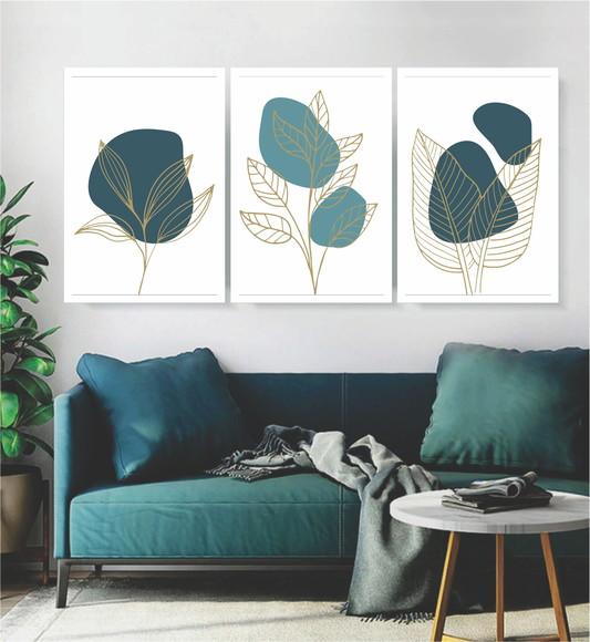 Kit 3 Quadros Folhagem Dourada e Azul Decoração Com Moldura