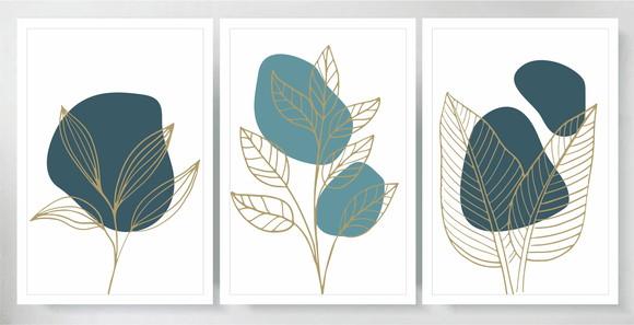 Kit 3 Quadros Folhagem Dourada e Azul Decoração Com Moldura