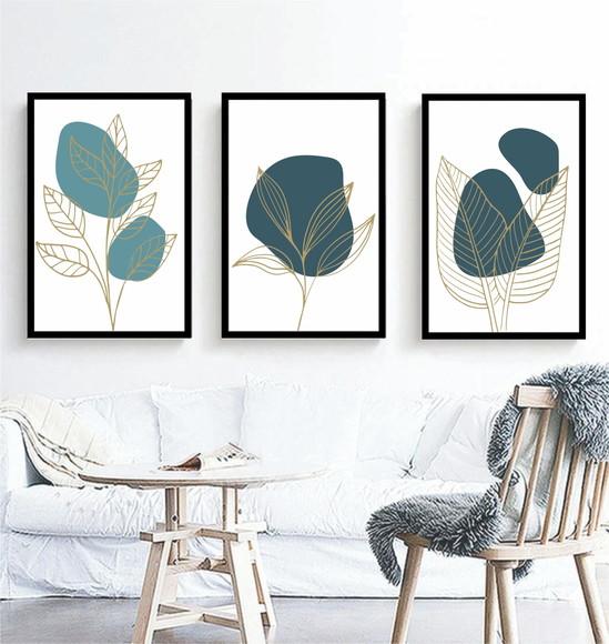 Kit 3 Quadros Folhagem Dourada e Azul Decoração Com Moldura