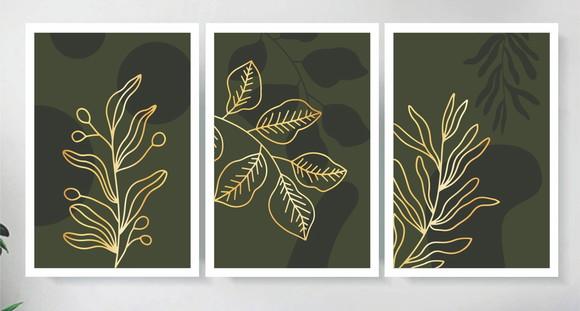 Kit 3 Quadros Folhagem Dourada e Verde Decoração Com Moldura