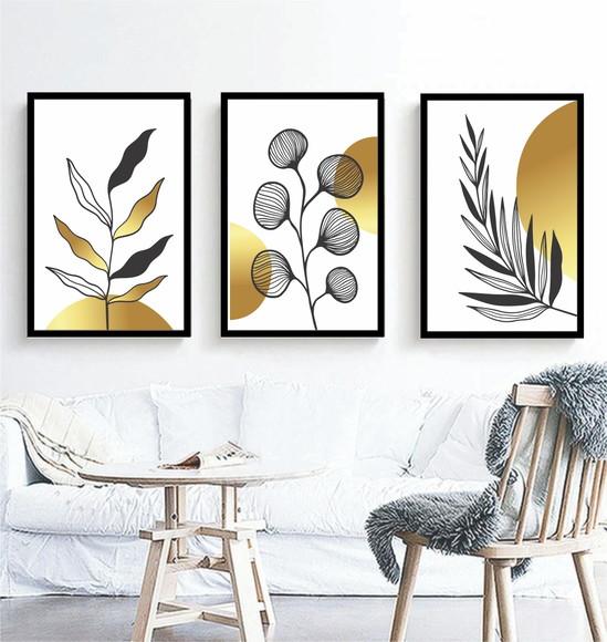 Kit 3 Quadros Folhagem Dourada Flores Decoração Com Moldura