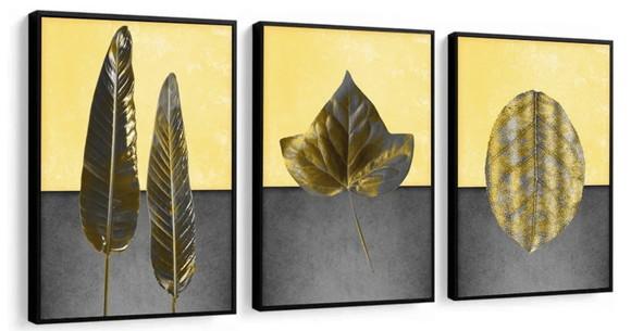 Kit 3 Quadros Folhagem Dourada Decoração Casa Sala Molduras