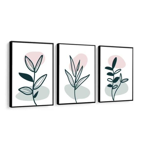 Kit 3 Quadros Folhagem Flores Decoração Botânico Com Moldura