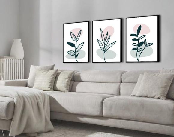 Kit 3 Quadros Folhagem Flores Decoração Botânico Com Moldura