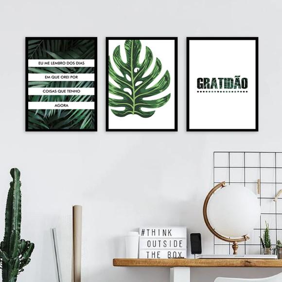 Kit 3 Quadros Folhagem Frases Gratidão Decoração Com Moldura