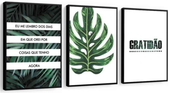 Kit 3 Quadros Folhagem Frases Gratidão Decoração Com Moldura