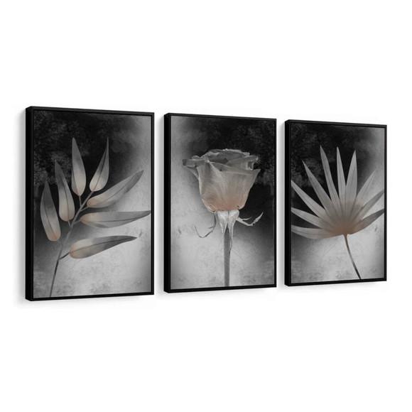 Kit 3 Quadros Folhagem Preto e Branco Decoração Flor Moldura