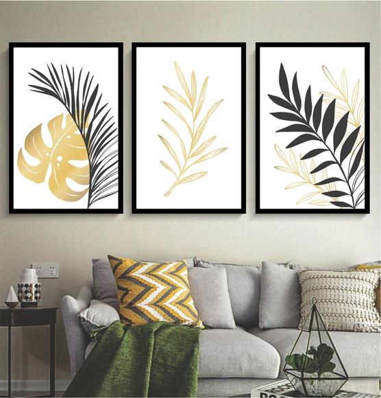 Kit 3 Quadros Folhagem Preta e Dourada Decoração Com Moldura