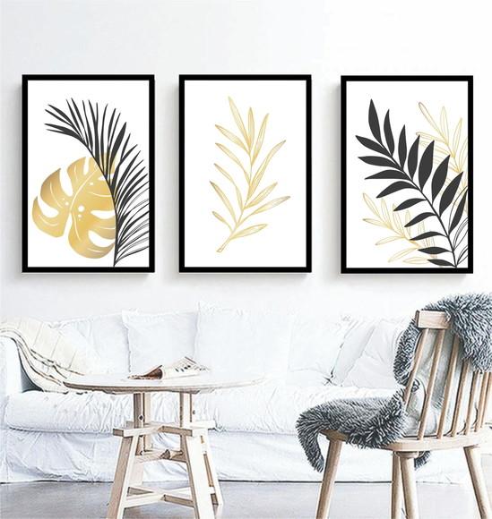 Kit 3 Quadros Folhagem Preta e Dourada Decoração Com Moldura