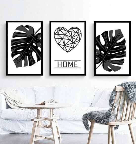 Kit 3 Quadros Folhagem Preto e Branco Decoração Home Moldura