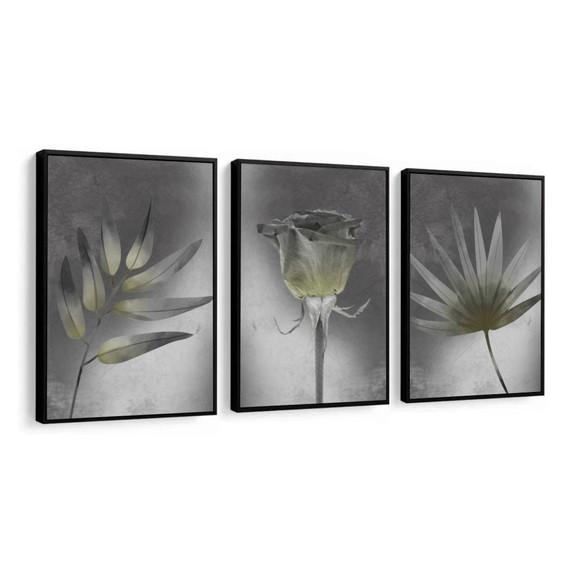 Kit 3 Quadros Folhagem Preto e Branco Flor Decoração Moldura