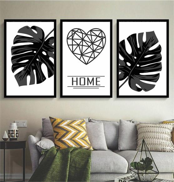 Kit 3 Quadros Folhagem Preto e Branco Decoração Home Moldura