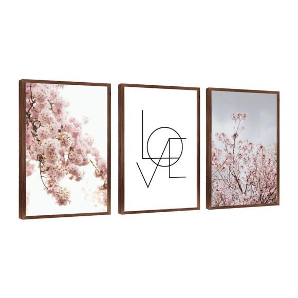 Kit 3 Quadros Folhagem Rosa Love Decoração Casal Com Moldura
