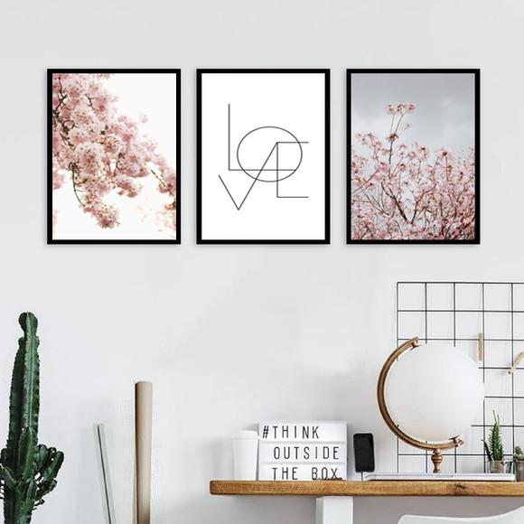Kit 3 Quadros Folhagem Rosa Love Decoração Casal Com Moldura