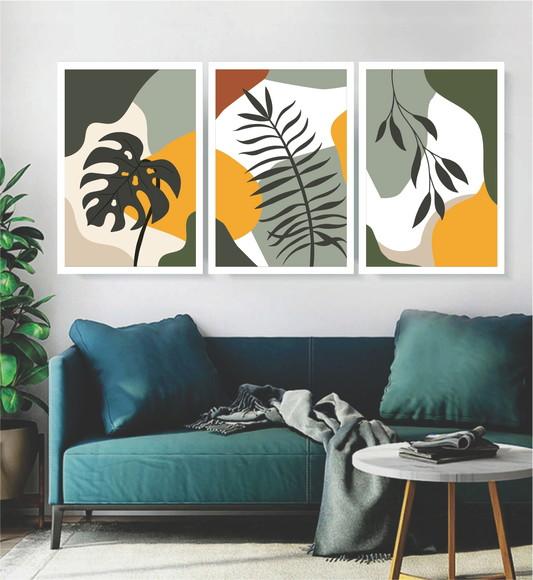 Kit 3 Quadros Folhagem Tropical Desenho Decoração Moldura
