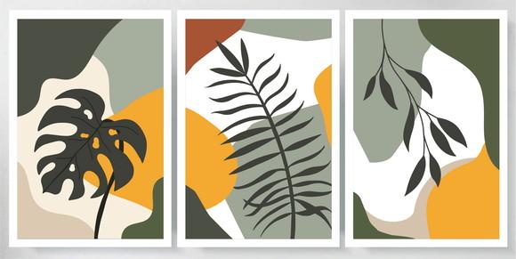 Kit 3 Quadros Folhagem Tropical Desenho Decoração Moldura