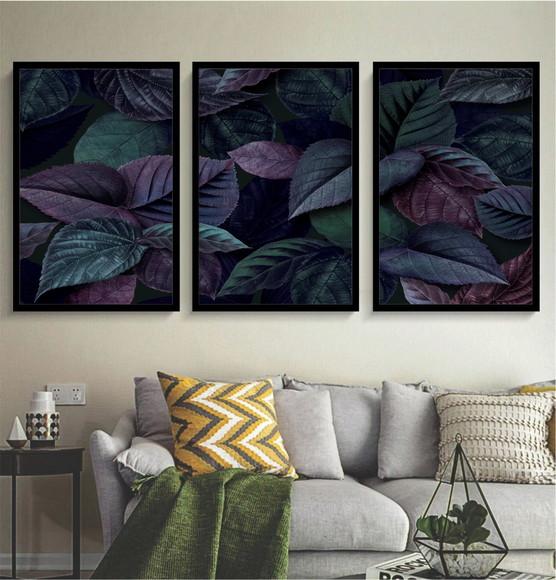 Kit 3 Quadros Folhagem Tropical Decoração Conjunto Moldura