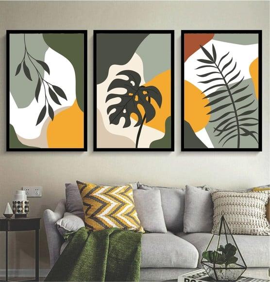 Kit 3 Quadros Folhagem Tropical Desenho Decoração Molduras