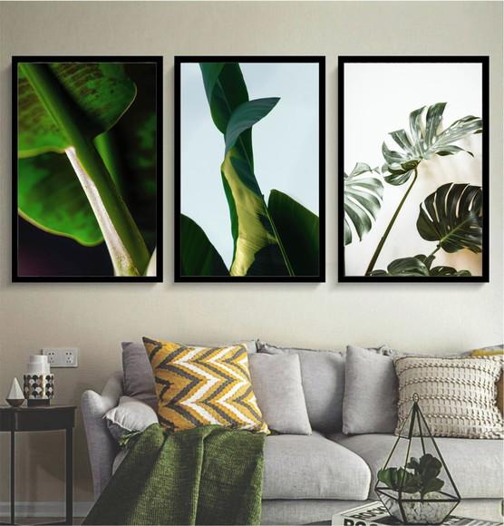 Kit 3 Quadros Folhagem Tropical Verde Decoração Com Moldura