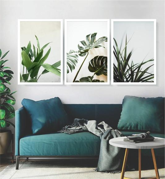 Kit 3 Quadros Folhagem Verde Conjunto Decoração Com Moldura