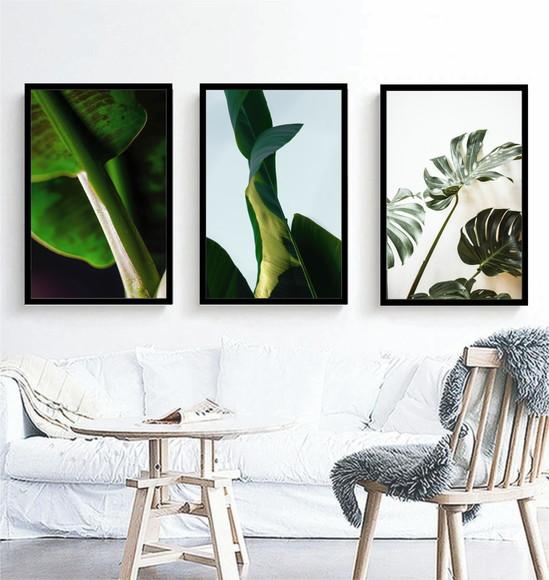 Kit 3 Quadros Folhagem Tropical Verde Decoração Com Moldura