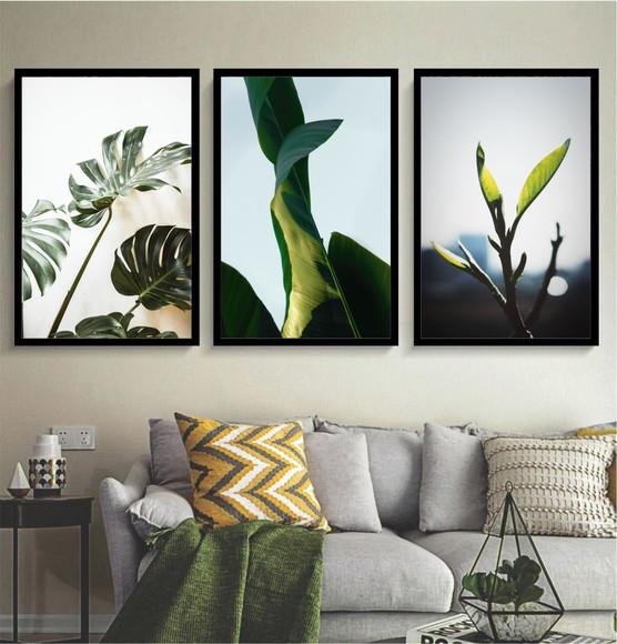Kit 3 Quadros Folhagem Verde Costela Adão Decoração Molduras
