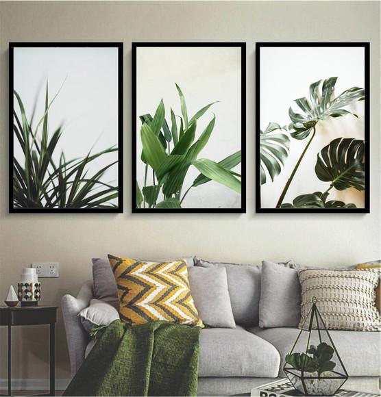 Kit 3 Quadros Folhagem Verde Conjunto Decoração Com Molduras