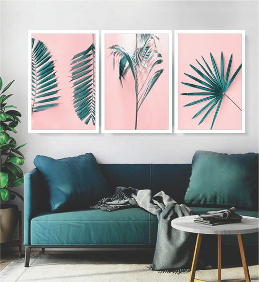 Kit 3 Quadros Folhagem Verde Decoração Conjunto Com Moldura