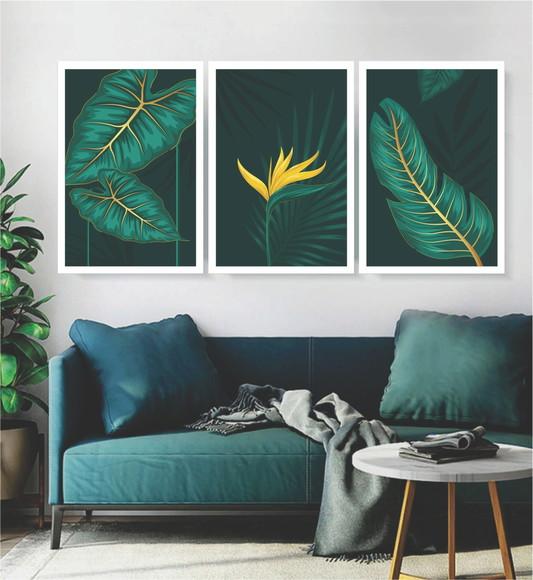 Kit 3 Quadros Folhagem Verde Dourada Decoração Com Moldura