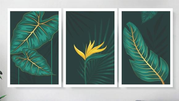 Kit 3 Quadros Folhagem Verde Dourada Decoração Com Moldura