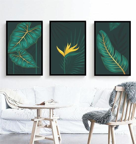 Kit 3 Quadros Folhagem Verde Dourado Decoração Com Moldura