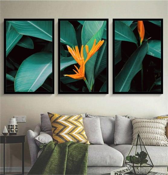 Kit 3 Quadros Folhagem Verde Flores Decoração Com Moldura
