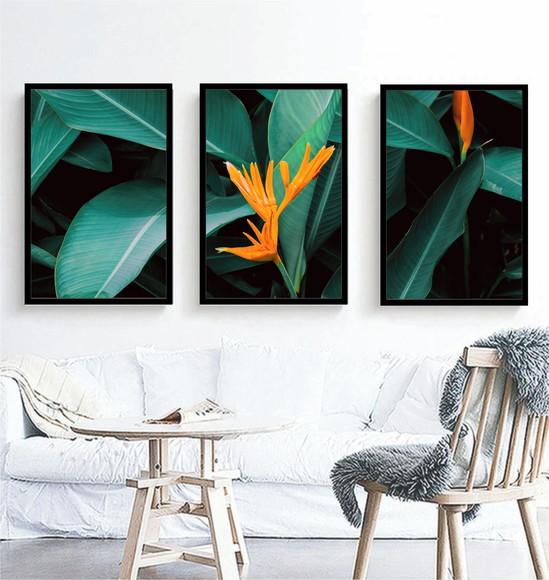 Kit 3 Quadros Folhagem Verde Flores Decoração Com Moldura