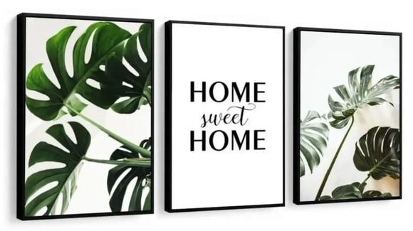Kit 3 Quadros Folhagem Verde Home Frases Decoração Molduras