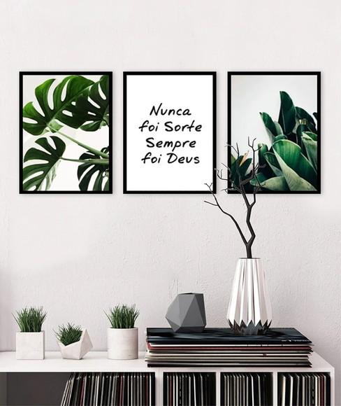 Kit 3 Quadros Folhagem Verde Frases Oração Decoração Moldura