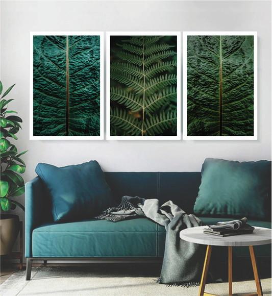 Kit 3 Quadros Folhagem Verde Paisagem Decoração Com Moldura