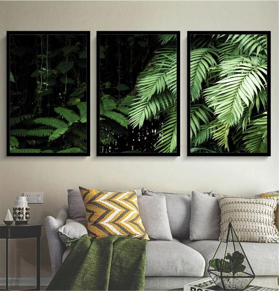 Kit 3 Quadros Folhagem Verde Tropical Decoração Com Molduras