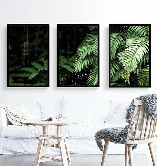 Kit 3 Quadros Folhagem Verde Tropical Decoração Com Molduras