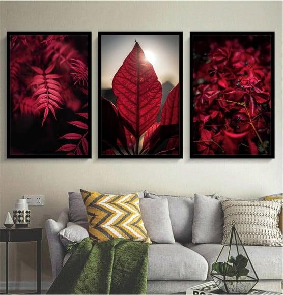 Kit 3 Quadros Folhagem Vermelha Tropical Decoração Moldura