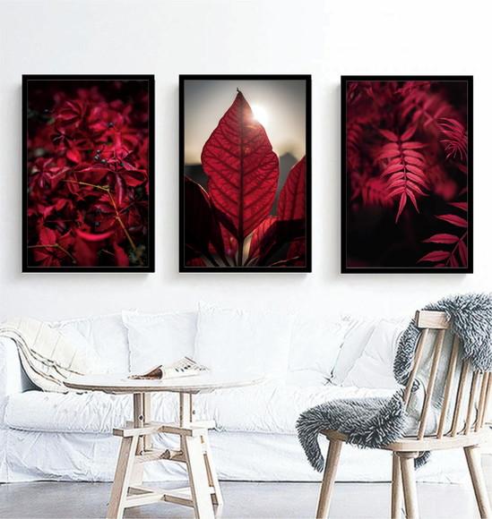 Kit 3 Quadros Folhagem Vermelha Tropical Decoração Moldura