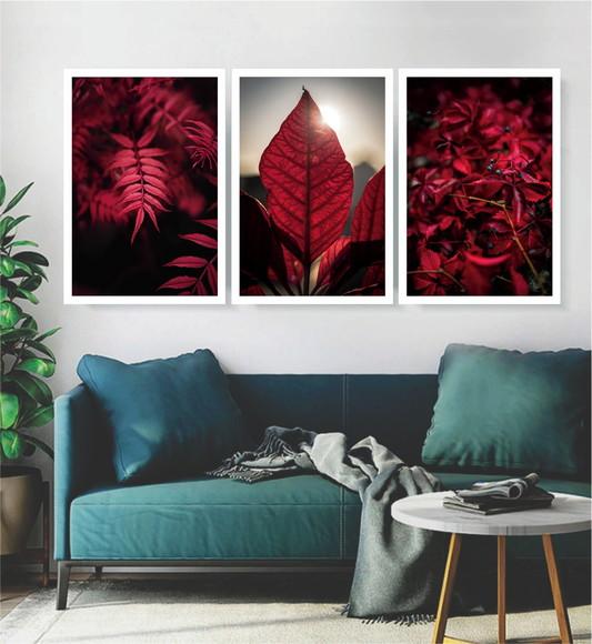 Kit 3 Quadros Folhagem Vermelha Tropical Decoração Moldura
